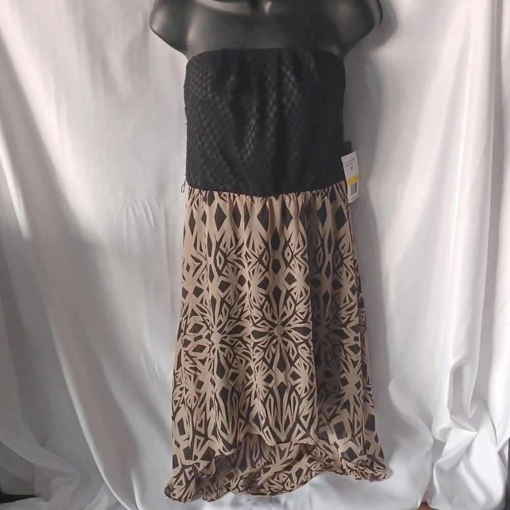 As U Wish High-low dress, black lace & tan, strapless, lined, belt missing